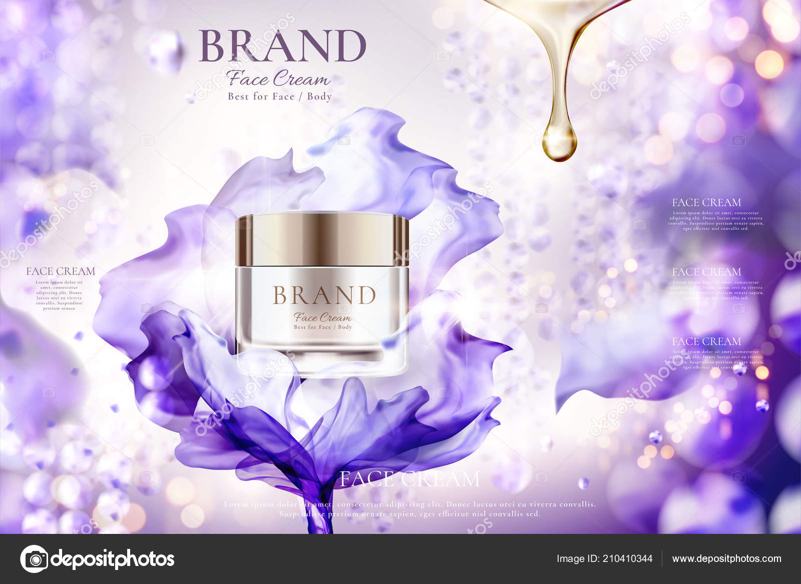 豪华面霜罐广告与飞紫色的雪纺效果闪闪发光的散景背景 图库矢量图像 C Kchungtw