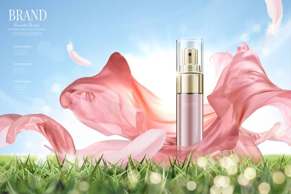 Kosmetiska Spray Annonser Med Flygande Rosa Chiffong Illustration Produkt Gräsmark — Stock vektor