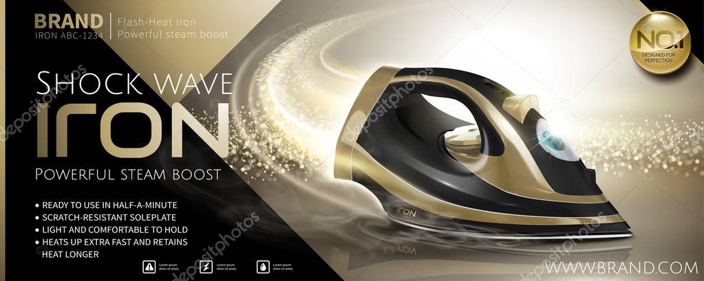 Black and golden color iron with glittering comet tail effect in 3d illustration, appliance ads