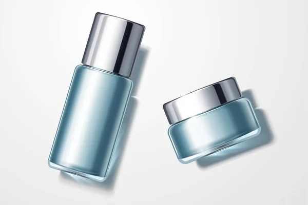 Draufsicht Auf Blaue Kosmetikbehälter Set Sahnegefäß Und Glas Hohe Flasche — Stockvektor