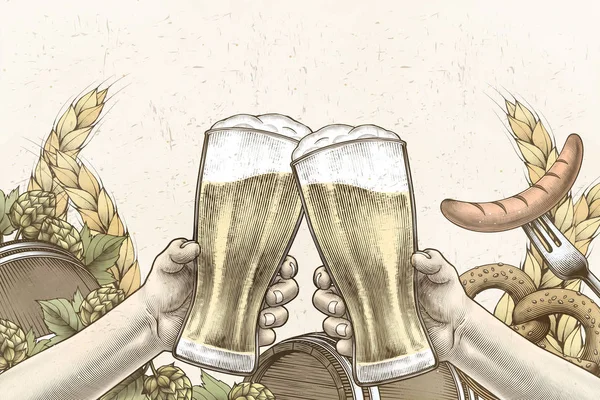 Oktoberfest Design Celebrazione Stile Inciso Mani Che Tengono Bicchieri Birra — Vettoriale Stock