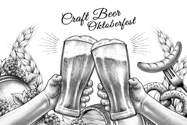 Diseño Celebración Oktoberfest Estilo Grabado Manos Sosteniendo Vasos Cerveza Animando — Vector de stock