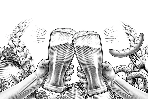 Diseño Celebración Oktoberfest Estilo Grabado Manos Sosteniendo Vasos Cerveza Animando — Vector de stock