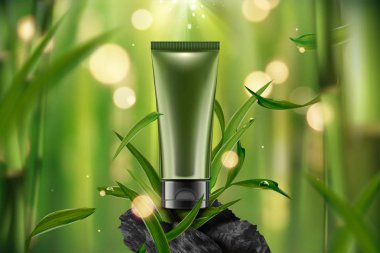 Sakin Bambu orman sahne yaprakları ve karbon ile 3d resimde boş kozmetik plastik tüp
