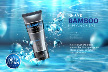 Bambu kömür yüz yıkama plastik tüp 3d çizimde, kabarcıklar yüzen ile güzel bir sualtı sahne