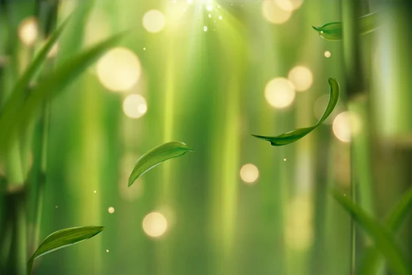宁静竹林背景与飞叶和闪闪发光的灯在3D — 图库矢量图片