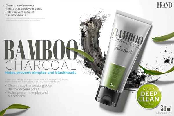Bamboe Houtskool Gezicht Wassen Advertenties Met Uitstrijkje Koolstof Poeder Illustratie — Stockvector