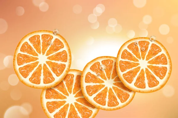 Uppfriskande Citrus Sektioner Designelement Med Glödande Bokeh Fläckar Illustration — Stock vektor