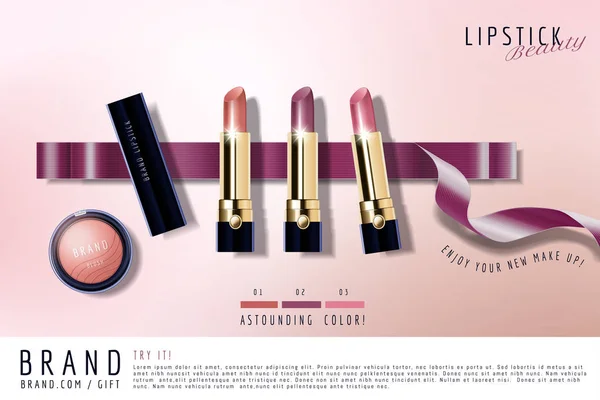 Iklan Lipstik Mewah Dengan Pita Dalam Ilustrasi Berbaring Datar - Stok Vektor