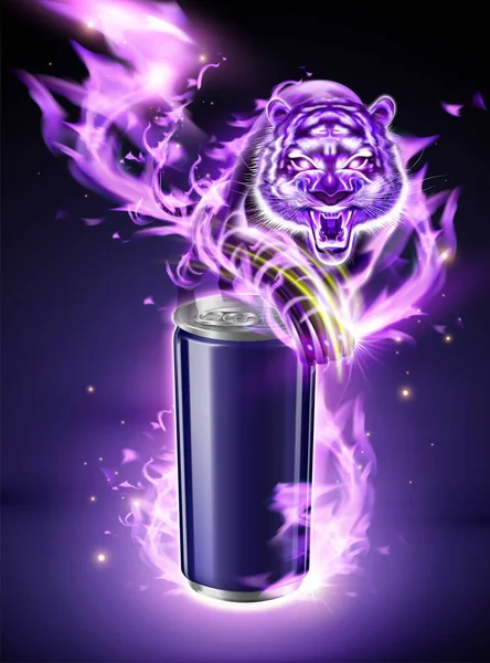 Lata Aluminio Blanco Con Tigre Vicioso Llama Ardiente Púrpura Ilustración — Vector de stock