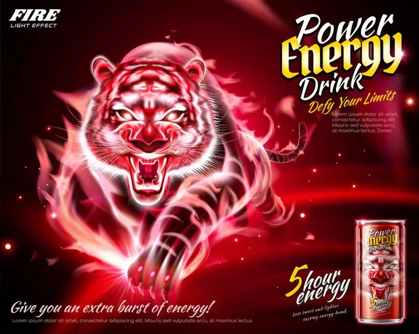 Power Energie Drank Advertenties Met Vlam Effect Van Tijger Illustratie — Stockvector