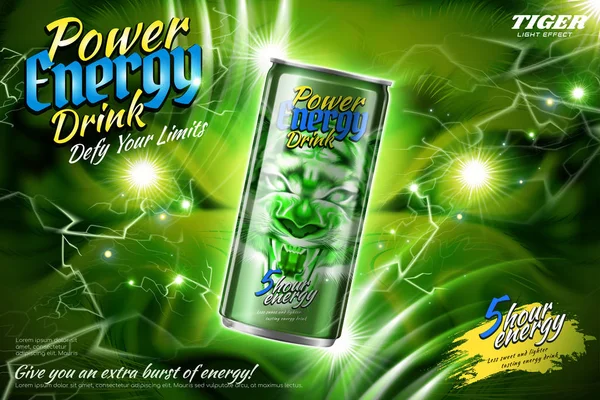 の図の緑の稲妻エフェクトと電力エネルギー飲み物広告 — ストックベクタ