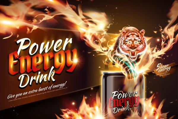 Power Energy Drink Annonser Med Lågan Tiger Effekt Illustration — Stock vektor