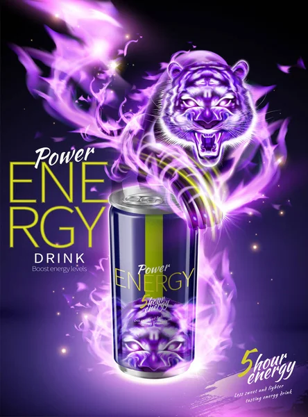 Power Energy Drink Annonser Med Lila Flamman Tiger Effekt Illustration — Stock vektor