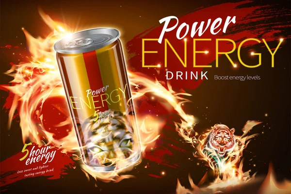 Power Energy Drink Annonser Med Lågan Tiger Effekt Illustration — Stock vektor