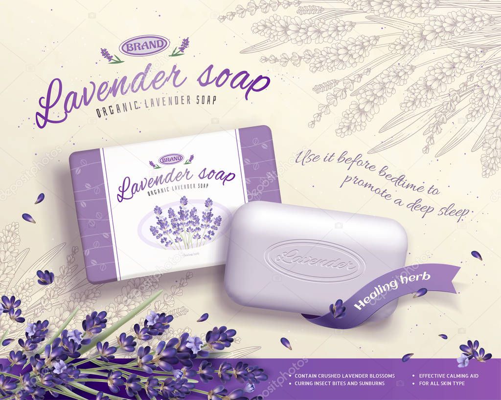 Lavender soap ads with blooming flowers ingredients in 3d illustration, engraved floral background
