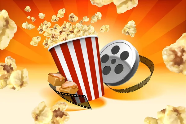 Karamell Popcorn Mit Filmrollen Elementen Und Der Luft Fliegenden Hühnern — Stockvektor