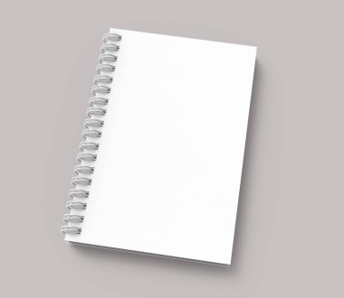 Boş defter mockup soluk pembemsi gri arka planda üzerinde 3d render, görünümü yükseltilmiş