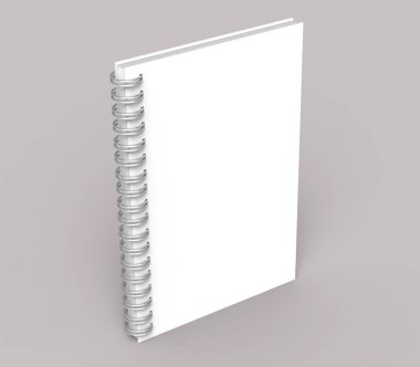 Boş defter mockup pembemsi soluk gri arka planda 3d render, stand kitap üzerinde