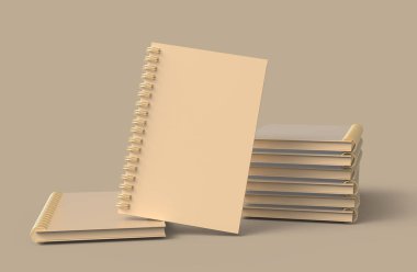Boş karton Notebook kahverengi arka planda 3d render üzerinde kazık