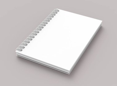 Boş defter mockup soluk pembemsi gri arka plan üzerinde yükseltilmiş görünümü 3d render