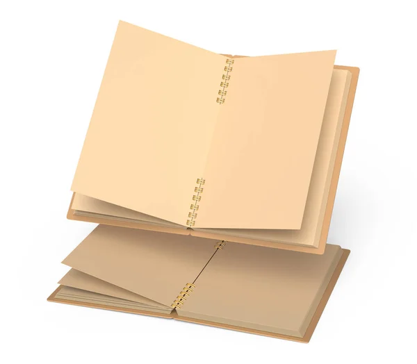 Пустой Открытый Картонный Ноутбук Изолирован Белом Фоне Иллюстрации Плавающие Книги — стоковое фото