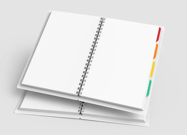 Abra Caderno Branco Com Etiquetas Coloridas Fundo Cinza Claro Renderização — Fotografia de Stock