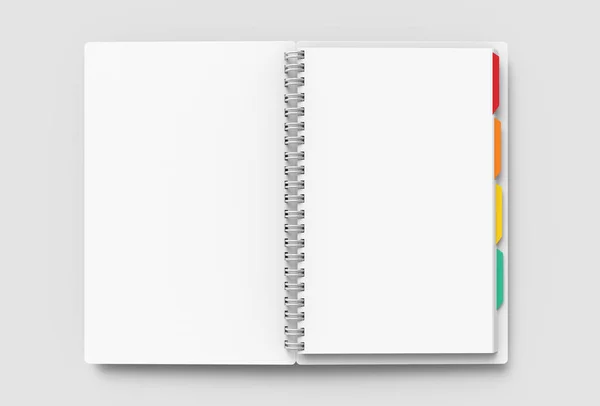 Cuaderno Abierto Blanco Con Etiquetas Colores Sobre Fondo Gris Claro — Foto de Stock