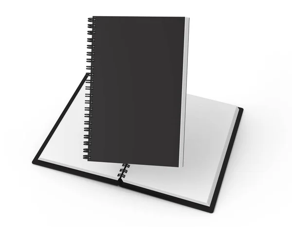 Open Blank Notebook Black Cover White Background Rendering — Stock Photo, Image