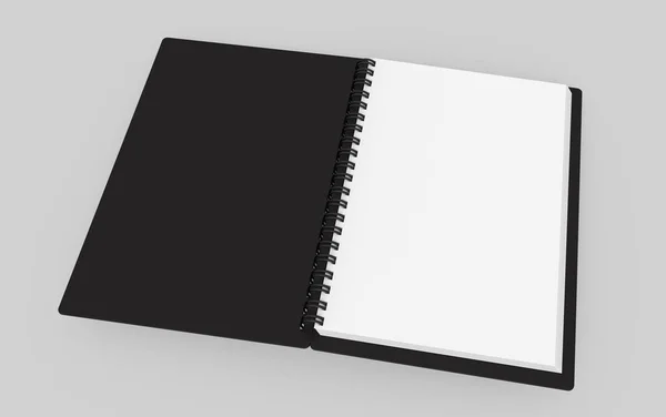 Open Blank Notebook Black Cover Light Gray Background Rendering — Stock Photo, Image