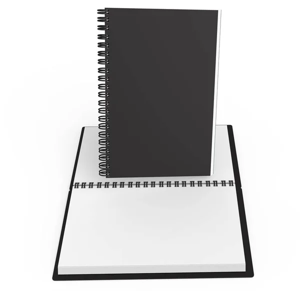 レンダリングで白い背景の黒い表紙の空白のノートブックを開く — ストック写真