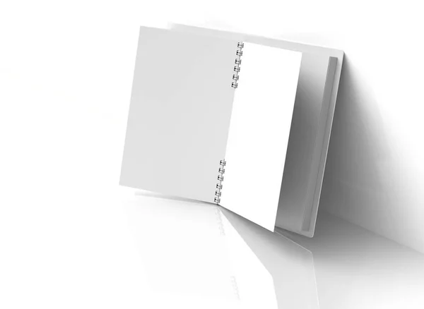 レンダリング 白いハードカバー本で無駄のない白い壁に空白のノートブック モックアップ — ストック写真