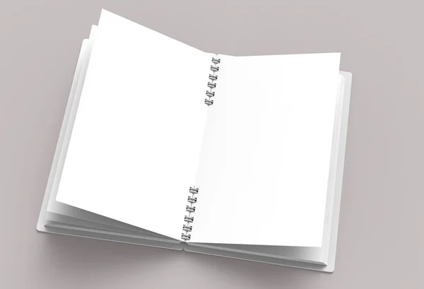 Mockup Notebook Branco Aberto Renderização Fundo Cinza Rosado Pálido Vista — Fotografia de Stock