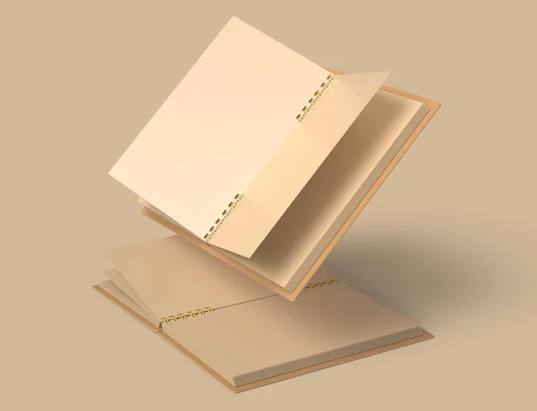 Open Kraft Paper Blank Notebook Mockup Rendering Books Floating Air — Stock Photo, Image