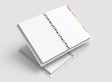 Boş kağıt defter mockup açık gri renkli, renkli Etiketler ile açık kitap üzerinde 3d render
