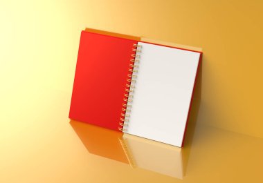 Kırmızı sert kapak açık kitap yalın altın duvardaki 3d render
