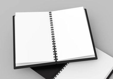 3d render açık sert kapak kitaplarında yükseltilmiş görünümü gri arka plan üzerinde siyah