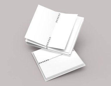 Beyaz sert kapak açık not defterleri soluk pembemsi gri arka planda üzerinde 3d render, görünümü yükseltilmiş
