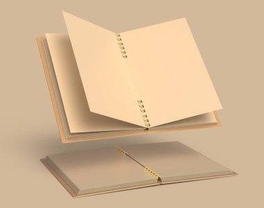 Açık kraft kağıt defter mockup 3d render havada yüzen ayarla, arka plan brown