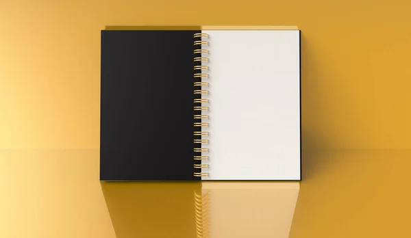 Spiraal Notebook Lege Sjabloon Rendering Gouden Achtergrond Zwarte Harde Kaft — Stockfoto