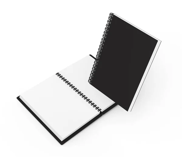 Cuadernos Espiral Plantilla Blanco Renderizado Sobre Fondo Blanco Negro Tapa — Foto de Stock