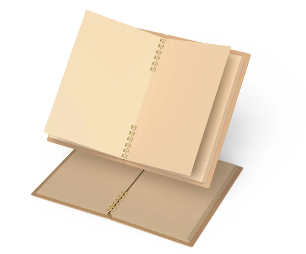 Open Kraft Paper Notebooks Mockup Set Floating Air Rendering White — Stock Photo, Image
