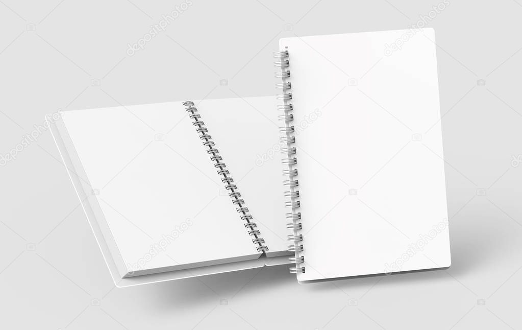 Blank notebooks mockup in 3d rendering on light gray background, open books