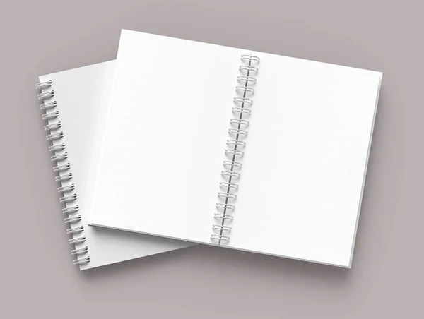 Fehér Kemény Borító Nyitva Lévő Jegyzetfüzetek Halvány Rózsaszínes Szürke Háttér — Stock Fotó