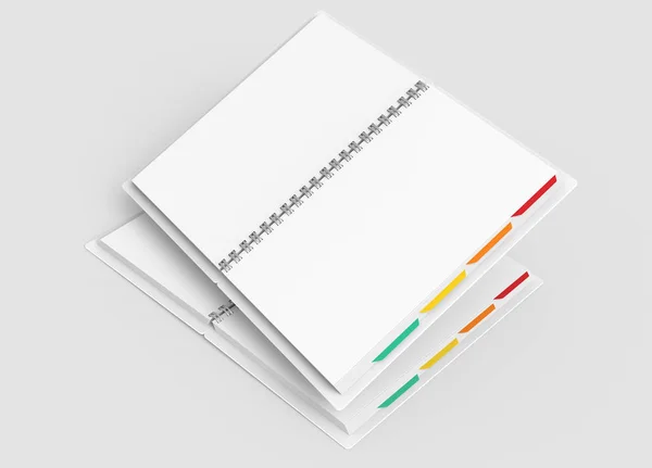 White Open Hard Cover Notebooks Colorful Tags Rendering Light Grey — Stock Photo, Image