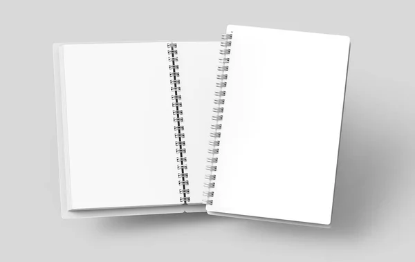 Cuadernos Abiertos Cubierta Dura Blanca Flotante Representación Sobre Fondo Gris — Foto de Stock