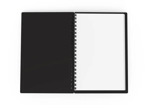 Carnet Ouvert Couverture Rigide Noire Sur Fond Blanc Rendu Vue — Photo