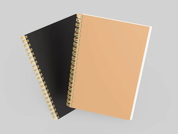 Papel Kraft Notebooks Pretos Mockup Renderização Fundo Cinza — Fotografia de Stock