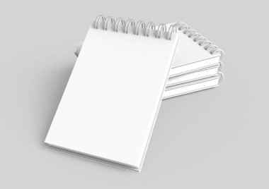 Beyaz sert kapak defter açık gri renkli, yükseltilmiş görünümü üzerinde 3d render içinde yığını