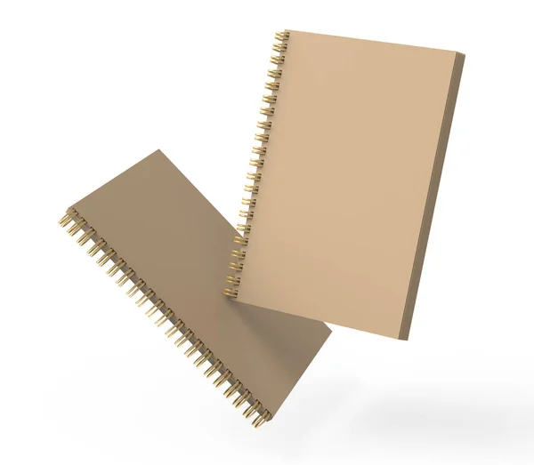 Üres Kraft Papír Notebook Rendering Könyvek Lebeg Levegőben Fehér Háttér — Stock Fotó